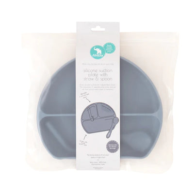 All 4 Ella Silicone Plate with Straw & Spoon - Grey