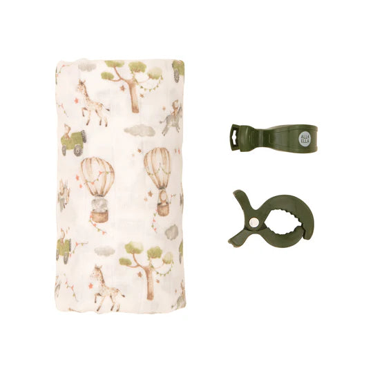 All 4 Ella Organic Muslin Swaddle & 2 Pram Peg Gift Set - Monkey Carnival