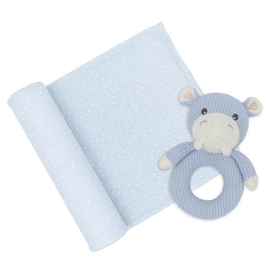 Living Textiles Jersey Swaddle & Rattle Gift Set - Dots/Hippo