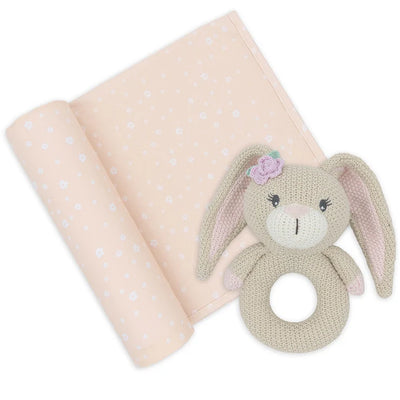 Living Textiles Jersey Swaddle & Rattle Gift Set - Floral/Bunny