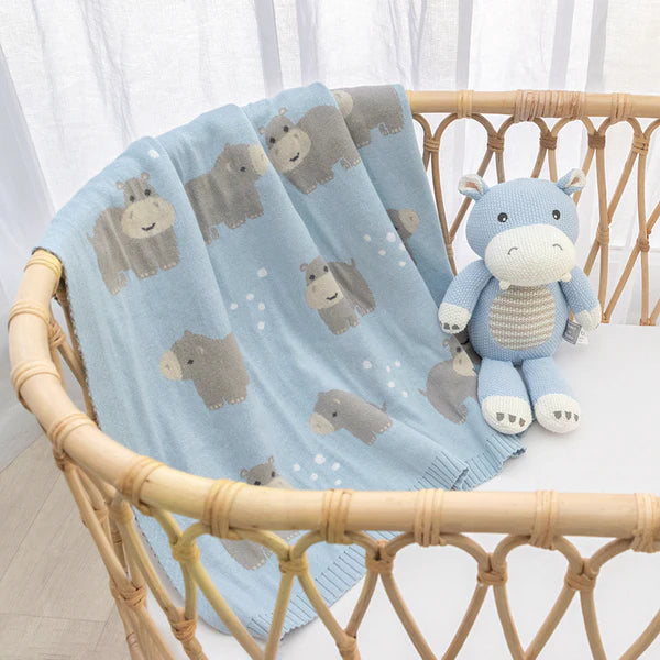 Living Textiles Whimsical Baby Blanket - Hippo/Blue