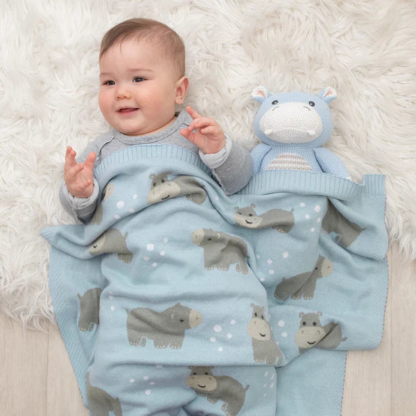 Living Textiles Whimsical Baby Blanket - Hippo/Blue