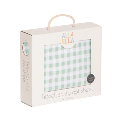 All 4 Ella Organic Jersey Cot Sheets - Gingham Sage