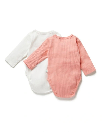 Little Green & Co Core Rib Long Sleeve Bodysuit 2 Pack - Peach/Milk