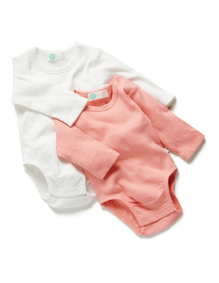 Little Green & Co Core Rib Long Sleeve Bodysuit 2 Pack - Peach/Milk