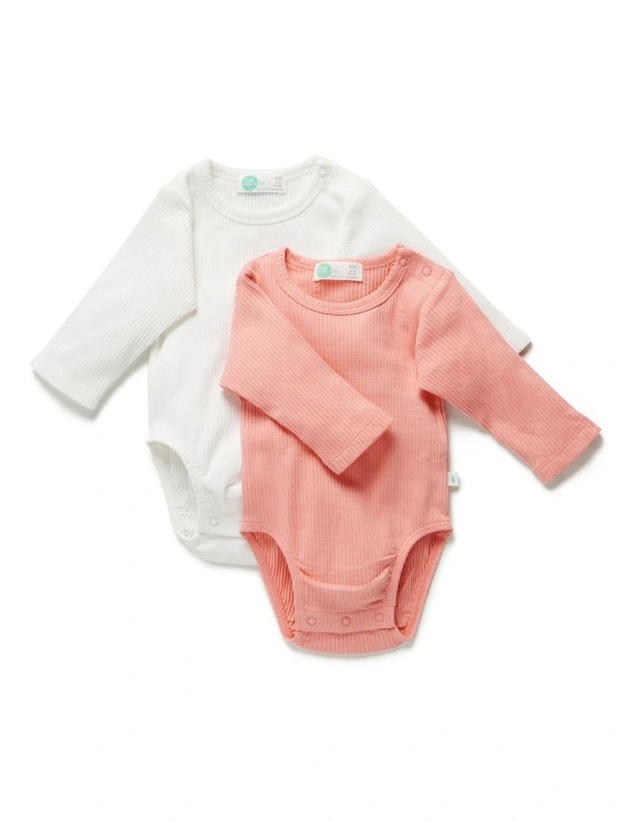 Little Green & Co Core Rib Long Sleeve Bodysuit 2 Pack - Peach/Milk