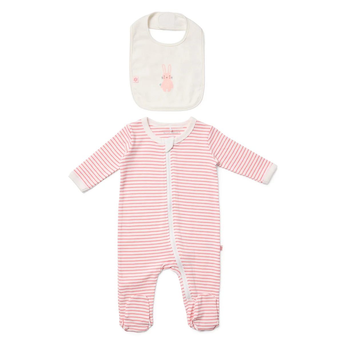 Marquise Bunny Striped Zip Growsuit and Bib 2 Piece Set - Raspberry Stripe