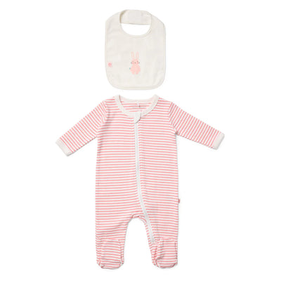 Marquise Bunny Striped Zip Growsuit and Bib 2 Piece Set - Raspberry Stripe