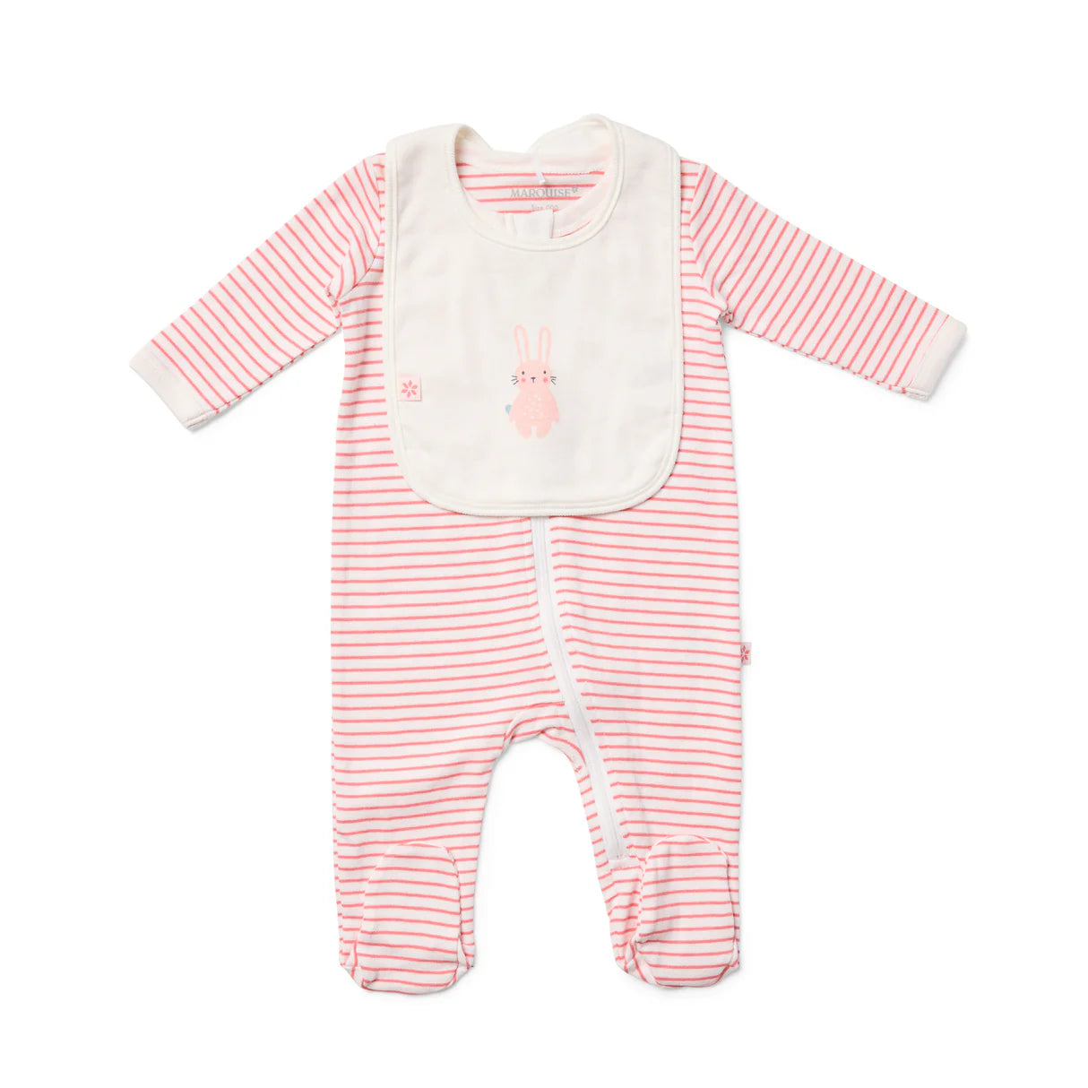 Marquise Bunny Striped Zip Growsuit and Bib 2 Piece Set - Raspberry Stripe