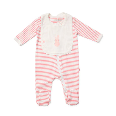 Marquise Bunny Striped Zip Growsuit and Bib 2 Piece Set - Raspberry Stripe