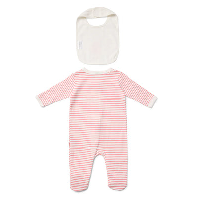 Marquise Bunny Striped Zip Growsuit and Bib 2 Piece Set - Raspberry Stripe