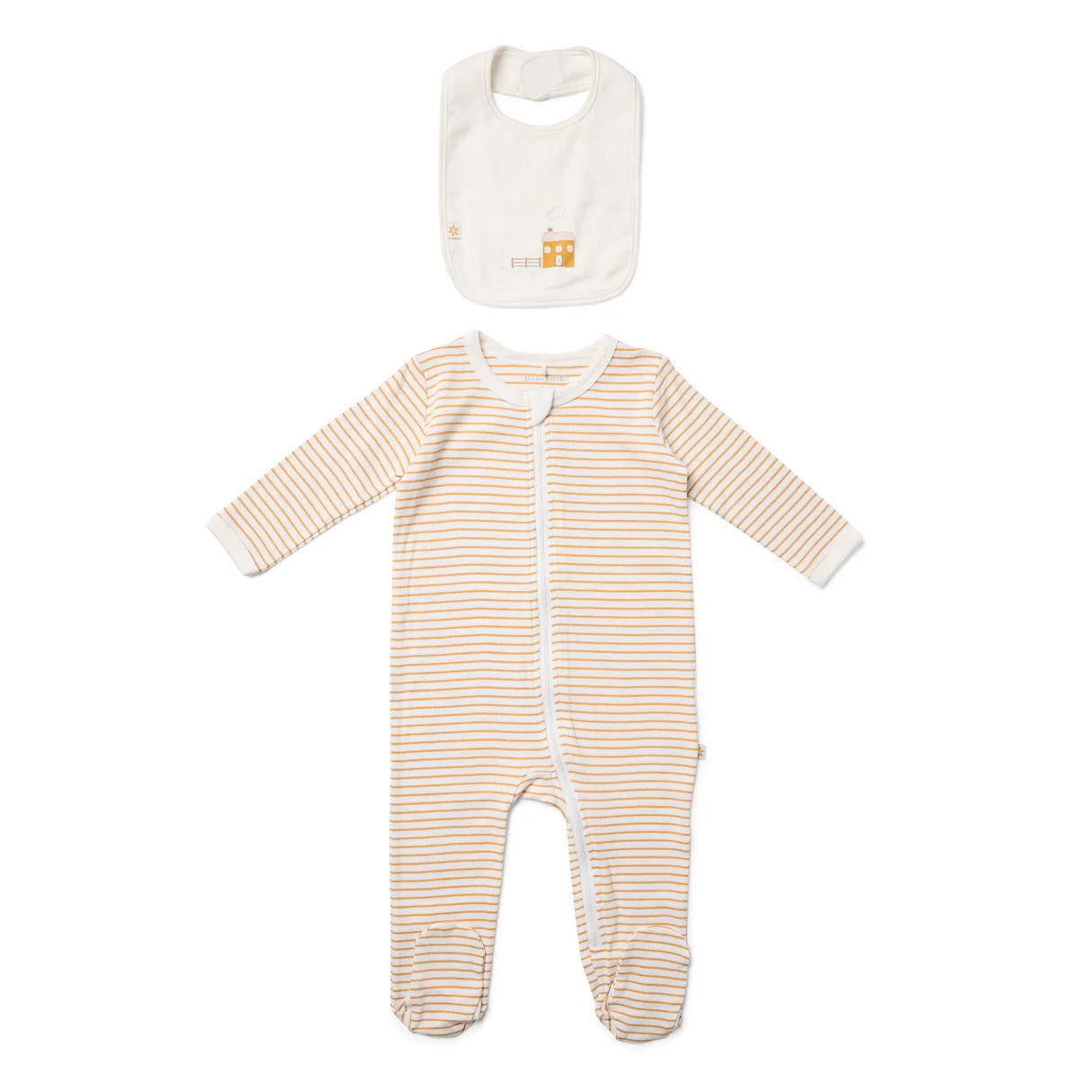 Marquise Farmhouse Striped Zipsuit and Bib 2 Piece Set - Mustard Stripe