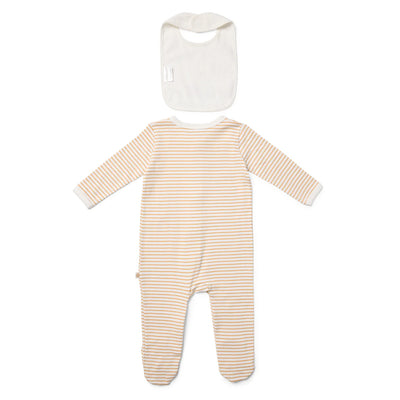 Marquise Farmhouse Striped Zipsuit and Bib 2 Piece Set - Mustard Stripe