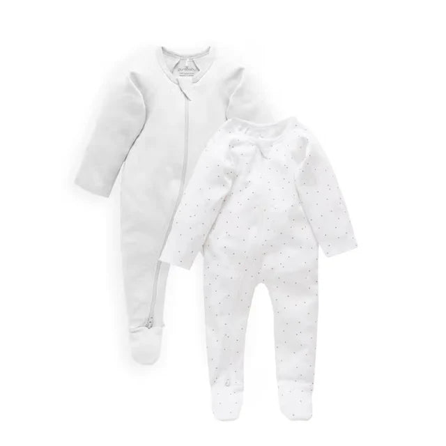 Purebaby Organic 2 Pack Zip Growsuit - Pale Grey Spot/Pale Grey Melange