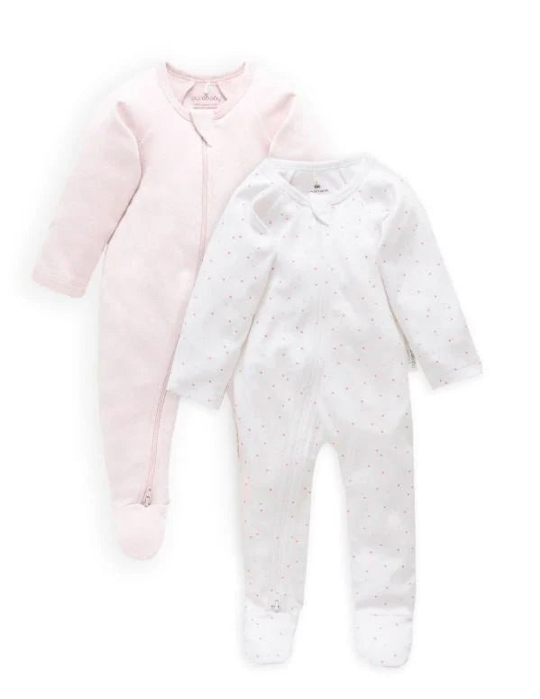 Purebaby Organic 2 Pack Zip Growsuit - Pale Pink Spot/Soft Pink Melange