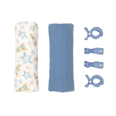 All 4 Ella 2 Pack Organic Muslin Swaddles & 4 Peg Gift Set - Rocket