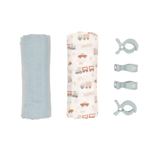 All 4 Ella 2 Pack Organic Muslin Swaddles & 4 Peg Gift Set - Trucks