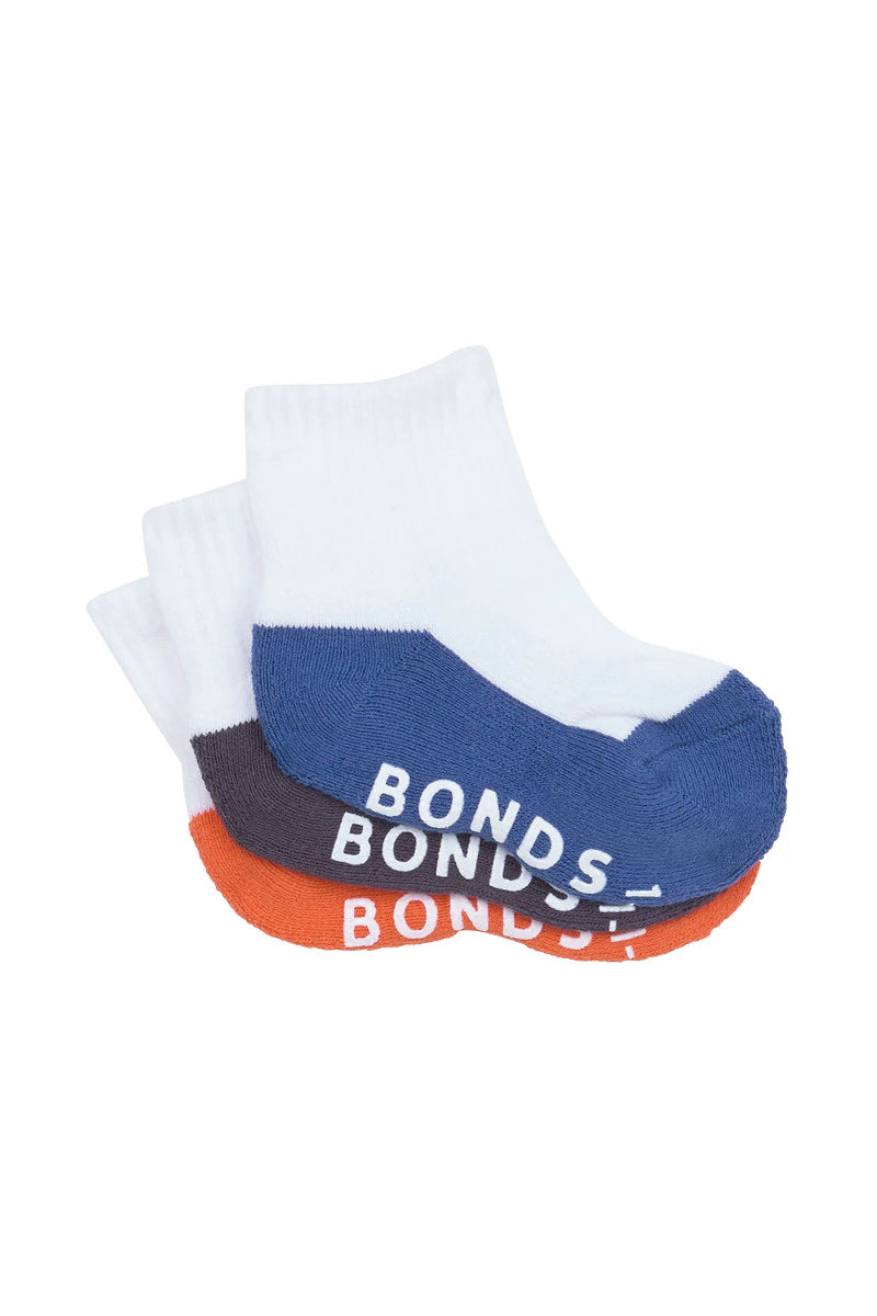 Bonds Baby Cushioned Quarter Crew Socks 3 Pack - Blue/Charcoal/Orange