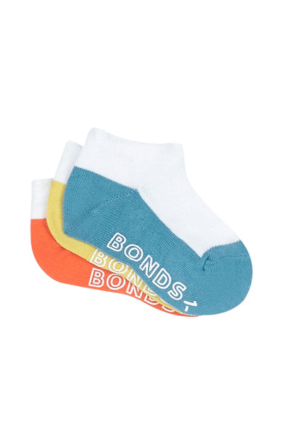 Bonds Baby Lightweight Low Cut Socks 3 Pack - Blue/Yellow/Orange