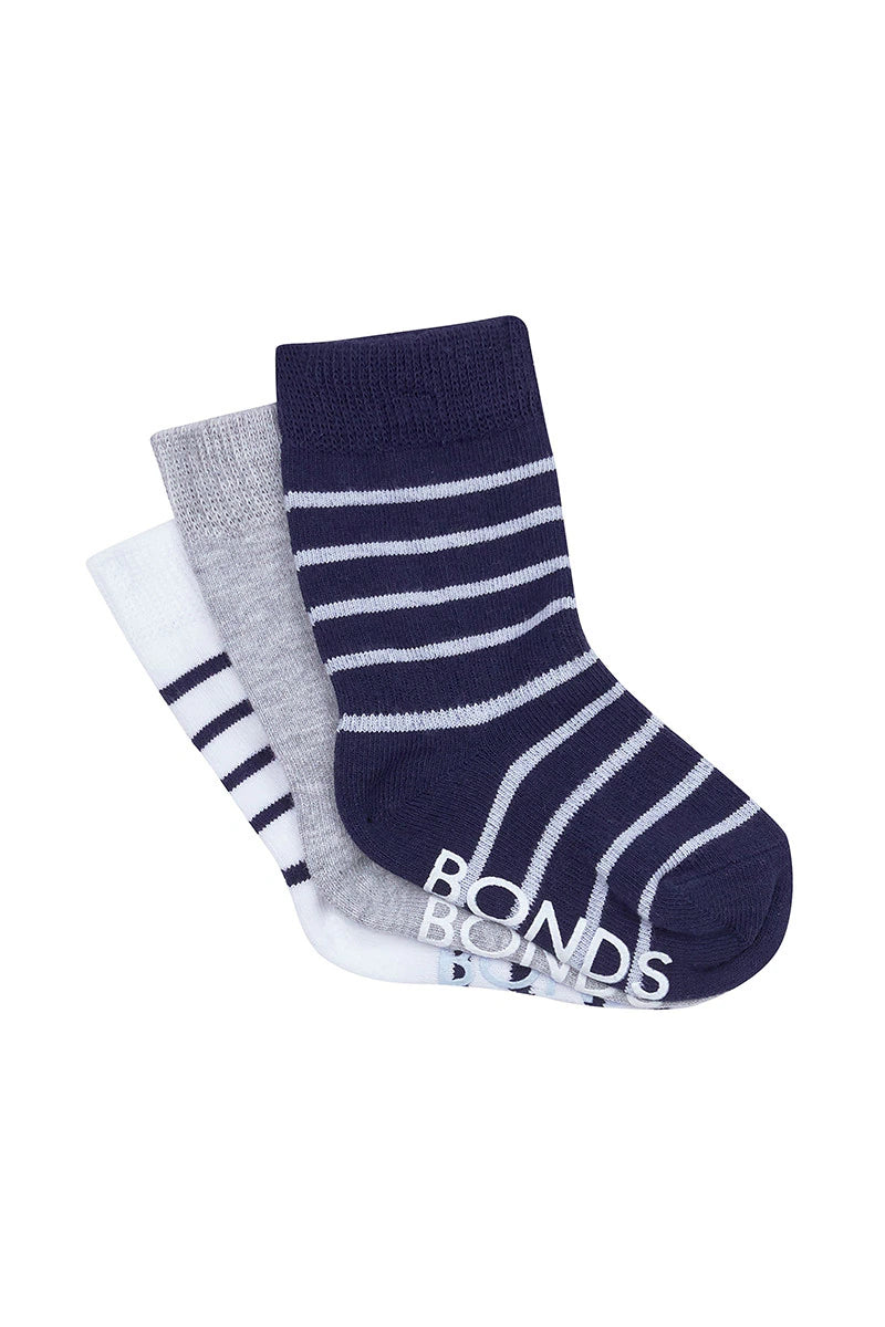 Bonds Baby Stay On Crew Socks 3 Pack - Black Sea Pack