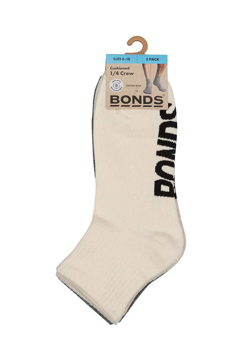 Bonds Mens Logo Quarter Crew 3 Pack - Charcoal/Oatmeal/Natural