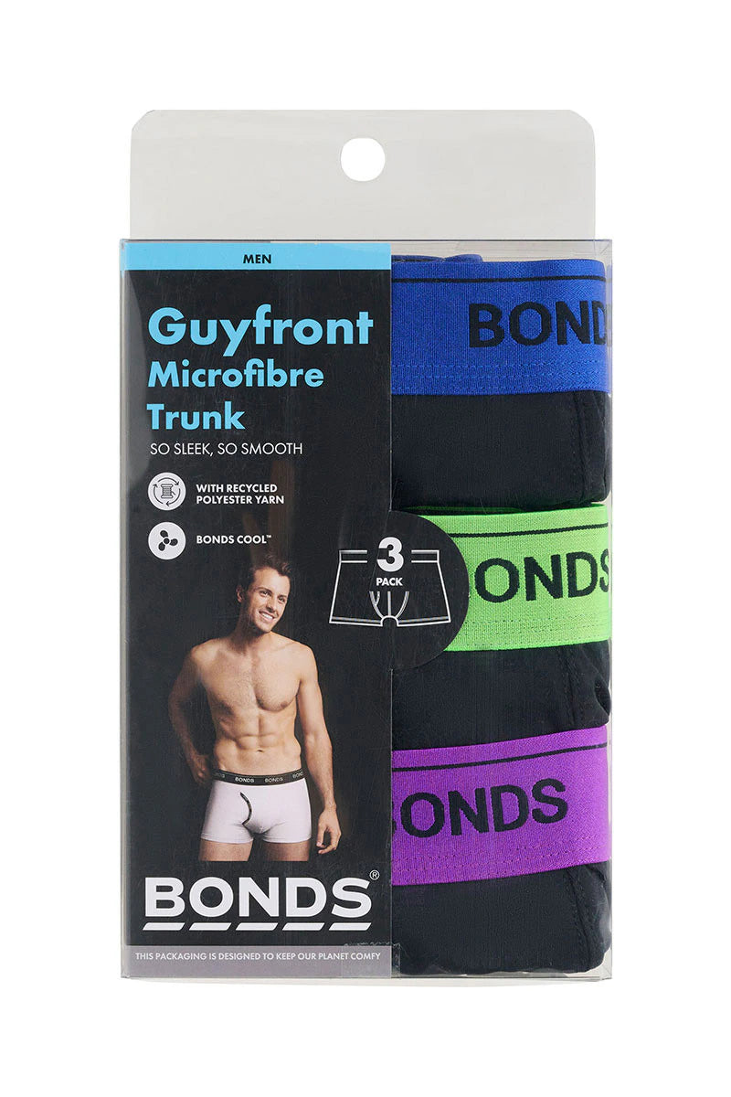 Bonds Men's Microfibre Guyfront Trunk 3 Pack - Black/ Amethyst Glow/ Neon Lime/ Kosciusko