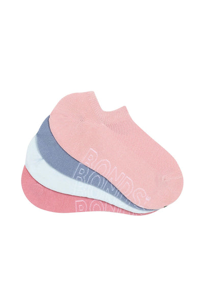 Bonds Womens Logo Light No Show Socks 4 Pack - Pale Pink/Denim/White/Pink