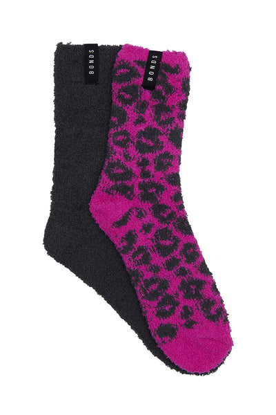 Bonds Womens Supersoft Crew Socks 2 Pack - Purple Lepoard/Charcoal