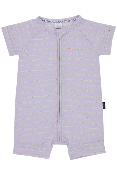 Bonds Short Sleeve Zip Wondersuit Romper - Lilac & Grey Marle Stripe