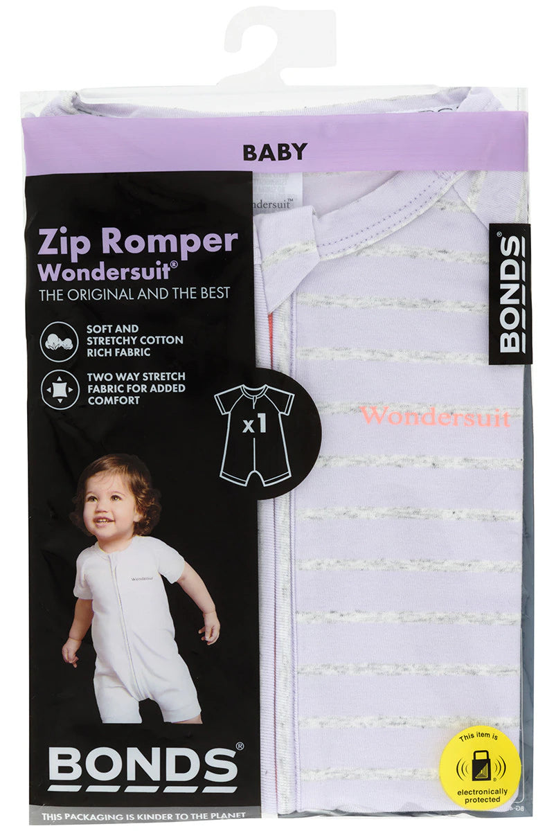 Bonds Short Sleeve Zip Wondersuit Romper - Lilac & Grey Marle Stripe