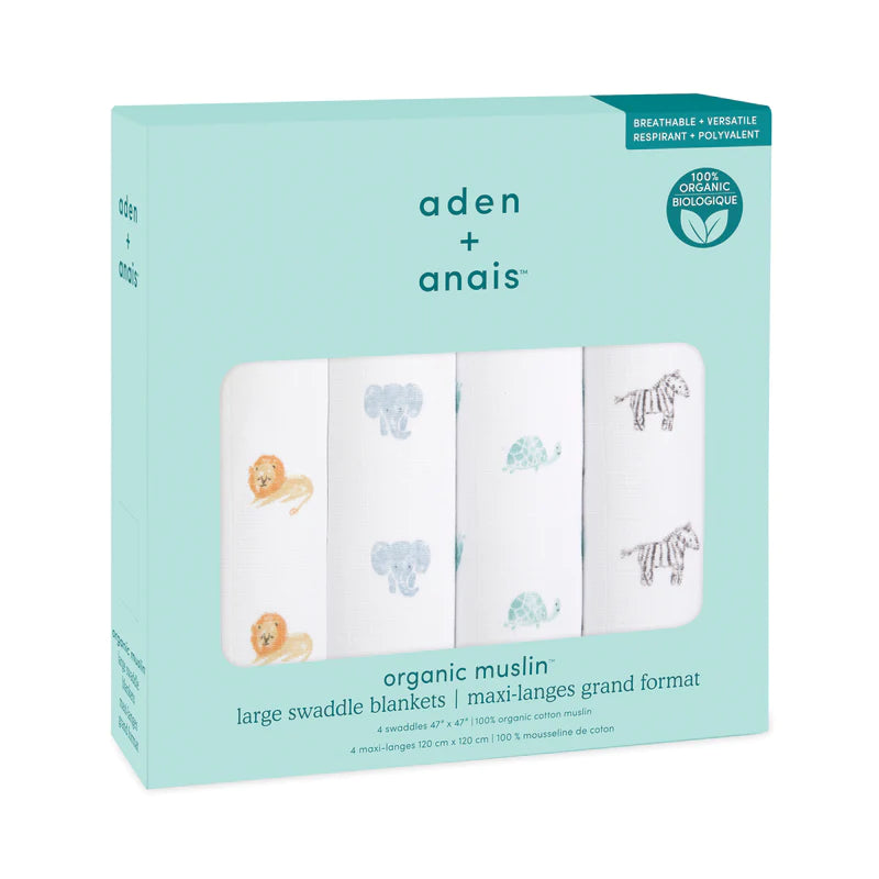 Aden And Anais Organic 4 Pack Swaddles - Animal Kingdom