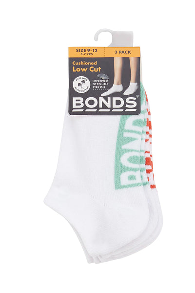 Bonds Kids Logo Cushioned Low Cut Socks 3 Pack - Mint/Red/Orange